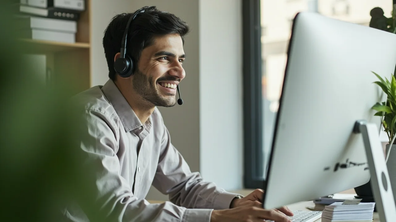 Friendly customer-support agent at a tidy desk